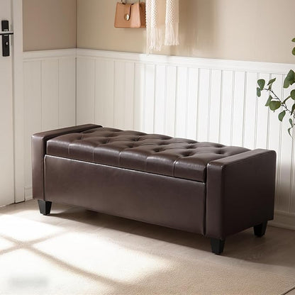 Ottoman with Storage，Storage Ottoman Bench, Faux Leather Storage Bench for Bedroom with Safety Hinge，Bedroom Benches with Seating for Living Room, Entryway (Dark Brown-PU)