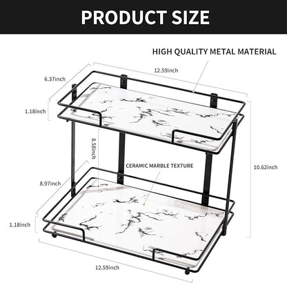 2 Tier Bathroom Cabinet Countertop Organizer Perfume Lipstick Makeup Organizer Cosmetics Storage Display Rack Vanity Tray Metal Dresser Storage Shelf White Marble Ceramic Tray Black