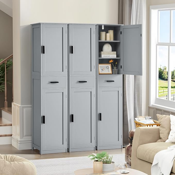 usikey 67“ Tall Bathroom Cabinet, Storage Cabinet with 4 Shelves & 2 Doors, Narrow Storage Cabinet for Bathroom, Living Room, Home Office, Greige UNSNG040G