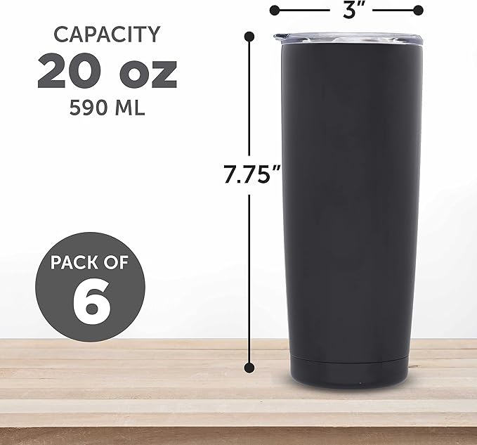DISCOUNT PROMOS Pipette Stainless Steel Coffee Tumblers 20 oz. Set of 6, Bulk Pack - Double Wall, Perfect for Coffee, Hot Cocoa, Other Hot & Cold Beverages - Black