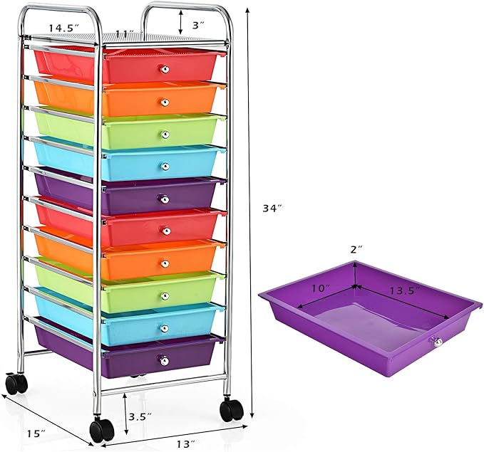 RELAX4LIFE 10 Drawer Rolling Cart, Slim Storage Cart w/Lockable Wheels for Classroom School Teacher Office, Art Supplies Paper Scrapbook Craft Organizers, Utility Cart with Drawers (Multicolor)