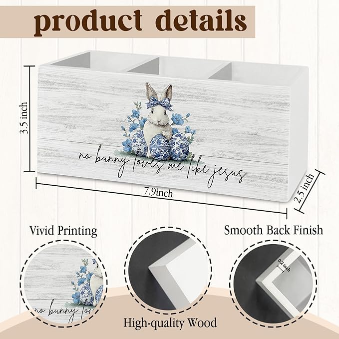 Chinoiserie Christian Easter Bunny Pen Pencil Holder Organizer for Desk Accessories, Blue and White Floral Rabbit Wooden Box Sign Desk Decor for Home Office Decoration, Easter Office Decor