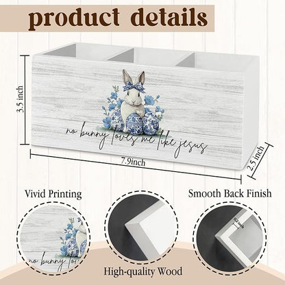 Chinoiserie Christian Easter Bunny Pen Pencil Holder Organizer for Desk Accessories, Blue and White Floral Rabbit Wooden Box Sign Desk Decor for Home Office Decoration, Easter Office Decor