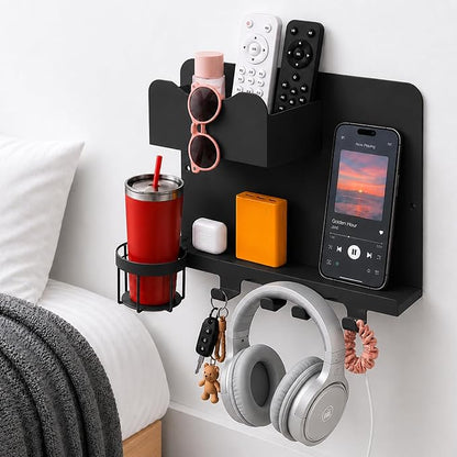 Metal Bedside Wall Shelf, No Drill Floating Bedside Shelf Wall Organizer | Bedside Wall Shelf with Detachable Cup Holder for Bedroom, Dorm, Nightstand Alternative, Bunk Bed Accessories & RV Storage