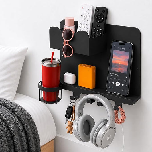 Metal Bedside Wall Shelf, No Drill Floating Bedside Shelf Wall Organizer | Bedside Wall Shelf with Detachable Cup Holder for Bedroom, Dorm, Nightstand Alternative, Bunk Bed Accessories & RV Storage