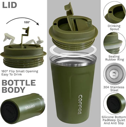 YINBAOGE Insulated Travel Coffee Mug, Spill & Leak Proof, Portable To Go Camping Stainless Steel Coffee Tumbler, Reusable Thermal Coffee Cup with Lid for Hot & Cold Drinks (2nd-Green, 17 OZ)