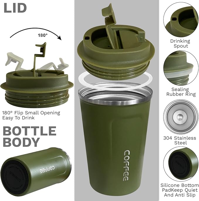YINBAOGE Insulated Travel Coffee Mug, Spill & Leak Proof, Portable To Go Camping Stainless Steel Coffee Tumbler, Reusable Thermal Coffee Cup with Lid for Hot & Cold Drinks (2nd-Green, 12 OZ)