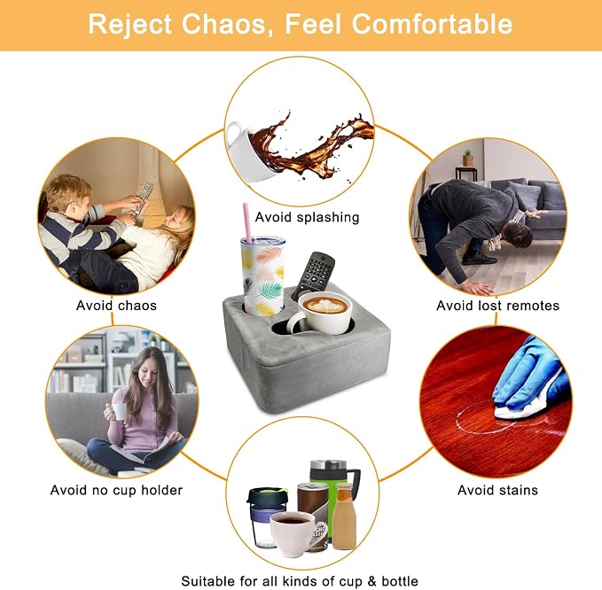 Couch Cup Holder Pillow Tray & Caddy - for Sofa, Bed, Car, Man Cave | Keep Drinks at Hand & Spill-Proof Accessories for New Parents, Camping, Park, Boat, Beach, Bathroom Cup Holder, Gray