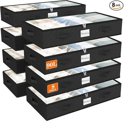 SpaceWhisper 90L Under Bed Storage Containers, 8-Pack Storage Bins with Clear Top, Foldable Closet Organizers and Storage with Label Holder for Clothing, Blankets, Comforter & Pillows(Black)