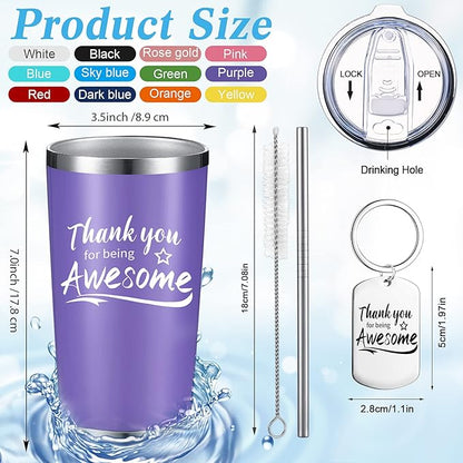Sieral 24 Pieces Thank You for Being Awesome Tumbler, Thank You Supplies for Women Men 20oz Insulated Stainless Steel Travel Tumbler with Lid and Straw Appreciation Gift with Keychain (Multicolor)