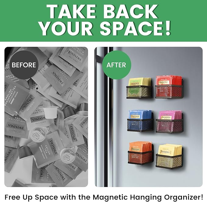 Magnetic Tea Bag Organizer - 6-Piece Metal Tea Organizer for Refrigerator, Kitchen Shelf and Counter, Stylish & Space Saving Tea Organizers and Storage