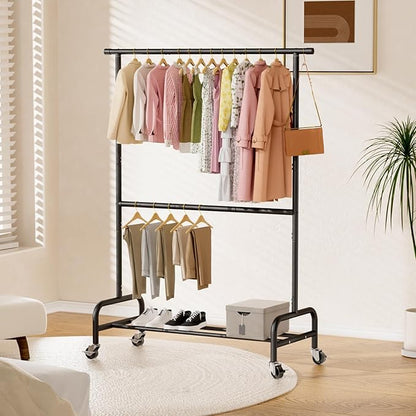 Abiglifty 2 Tier Clothes Rcks for Hanging Clothes, Heavy-Duty Clothing Rack with Wheels,150LBS Capacity, 42" W X15 D X 77" H Garment Rack with Bottom Shelf, for Bedroom, Living Room, Black