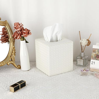 Sumnacon Tissue Box Cover Square Tissue Box Stylish PU Woven Lozenge Pattern Tissue Box Holder with Magnetic Bottom,Cube Leather Tissue Cover for Living Room Bathroom Table Desk Home Office Car,White