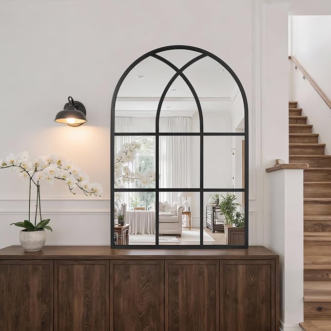 Arched Window pane Wall Mirror 30"x40", Window Shaped Farmhouse Style with Aluminum Frame, Decorative Wall Mirror Leaning Hanging for Living Room, Courtyard, Bedroom, Entryway, Black