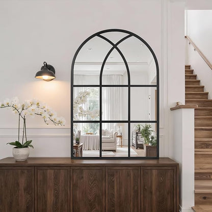 Arched Window pane Wall Mirror 30"x48", Window Shaped Farmhouse Style with Aluminum Frame, Decorative Wall Mirror Leaning Hanging for Living Room, Courtyard, Bedroom, Entryway, Black