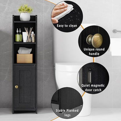 Lomojo Small Bathroom Storage Cabinet, Toilet CabinetFreestanding Bathroom Organizer for Small Spaces, Narrow Toilet Paper Corner Floor with Door and Shelves,Black