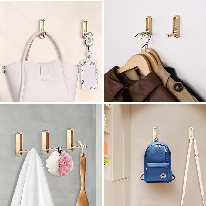 Dntorx Foldable Wall Hook, 40 lbs Heavy Duty Screw Mounted, Aluminum Alloy Flip-Down Gold Coat Hook, Space-Saving Folding Wall Hanger for Bathroom Bedroom Entryway Closet, Includes Screws (4 Pack)