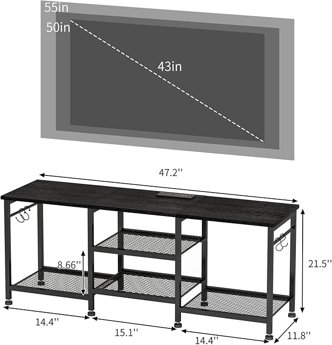YGEOMER Black Entertainment Stand for Up to 50 Inch TVs, Tv Stand with Outlet Led Lights Open Storage Shelves, TV Consoles for Living Room, Bedroom