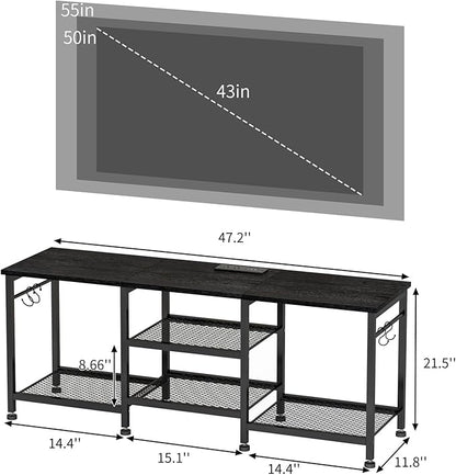 YGEOMER Black Entertainment Stand for Up to 50 Inch TVs, Tv Stand with Outlet Led Lights Open Storage Shelves, TV Consoles for Living Room, Bedroom