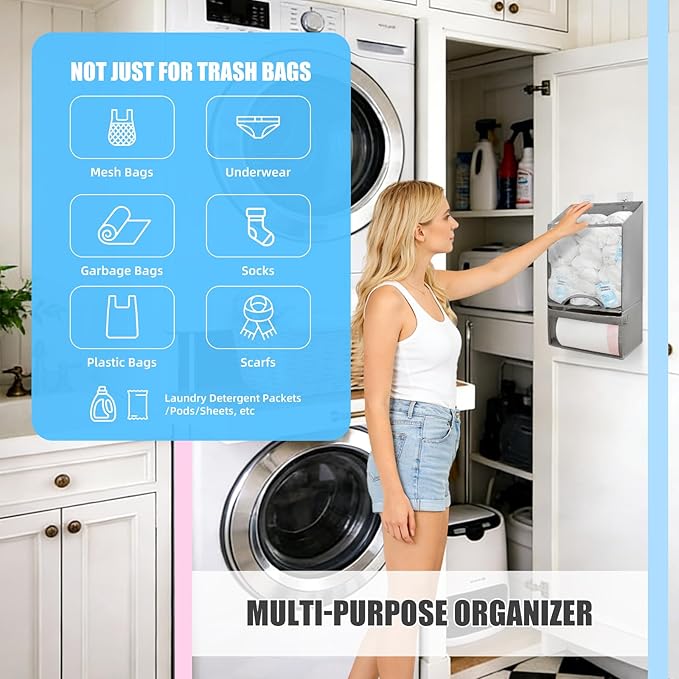 HOUSE AGAIN Bag Holder- Extra Large Plastic Bag Saver Dispenser, Wall Mount Organizer for Grocery Trash Roll,Oxford Machine Washable-Daily Storage Solution for Home Kitchen/Bathroom/Laundry/Deep Grey