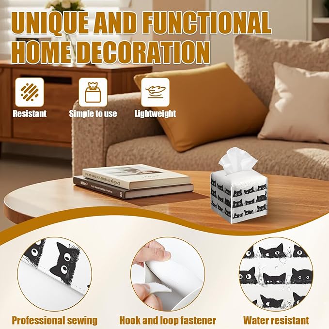Cute Black Cat Tissue Box Cover 2PCS, Leather Tissue Box Holder Square Facial Paper Case Tissue Box Cube Organizer for Bathroom Bedroom Desk Office