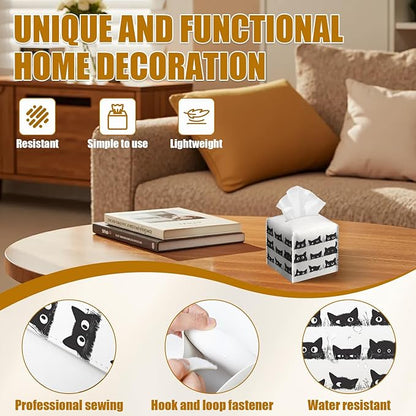 Cute Black Cat Tissue Box Cover 2PCS, Leather Tissue Box Holder Square Facial Paper Case Tissue Box Cube Organizer for Bathroom Bedroom Desk Office