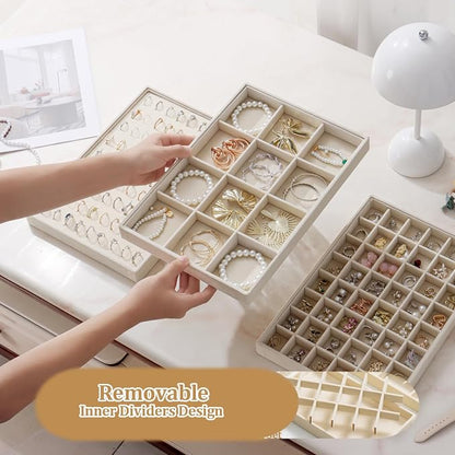 Large Velvet Jewelry Tray 2 Pack Stackable Jewelry Display Drawer Inserts Trays Organizer for Earring Bracelet Necklace Ring (Beige, 12 Grids)