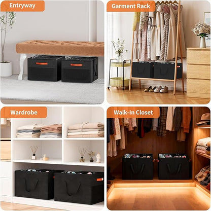 Aokeyee Shoe Organizer for Closet, 2 Pack Foldable Shoe Storage Organizer Box w/Clear Cover and 4 Reinforced Handles, Space Saving Shoes Bin Fits up to 16-32 Pairs, Black