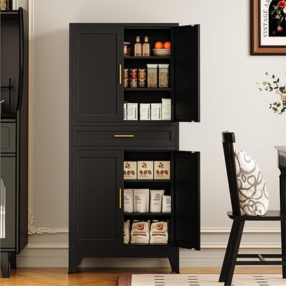 COFaR 71" Modern Pantry Cabinet with Drawer, Black Storage Cabinet with Adjustable Shelves, 3-Section Industrial Cupboard for Kitchen & Office