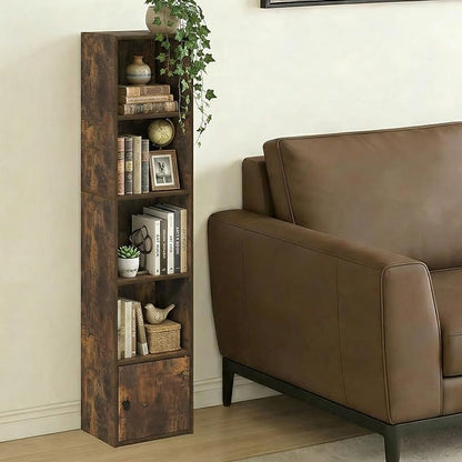 Furinno LUDER Book Shelf, 5-Tier Bookshelf with Open Shelf, Standing Bookcase with 1 Door Cabinet, 9.3 x 12 x 52, for Organization and Storage, for Living Room, Bedroom, Home Office, Amber Pine