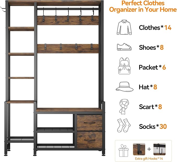 Hall Tree for Entryway 43", Bench with Shoe Storage, Large Coat Rack Shoe Bench with 5 Tier Shelves, 5 in 1 Design Front Door Shoe Rack and Wall Rack Hooks, and 2 Drawers (Rustic Brown)