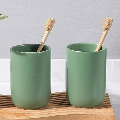 Toothbrush Holders for Bathrooms - 2 Cups Ceramic Toothbrush Toothpaste Holders Set, Green Bathroom Tumbler Cups Reusable Toothbrush Mouthwash Cup, Bathroom Counter Organizer.