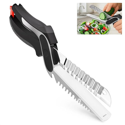 6-in-1 Cutting Board Scissors - Stainless Steel Kitchen Tool with Ribbed Blade, Automatic Spring & Safety Lock - Slice Meat, Fish, Bread, Veggies & Fruit on the Spot - Dishwasher Safe Cheese Scissors