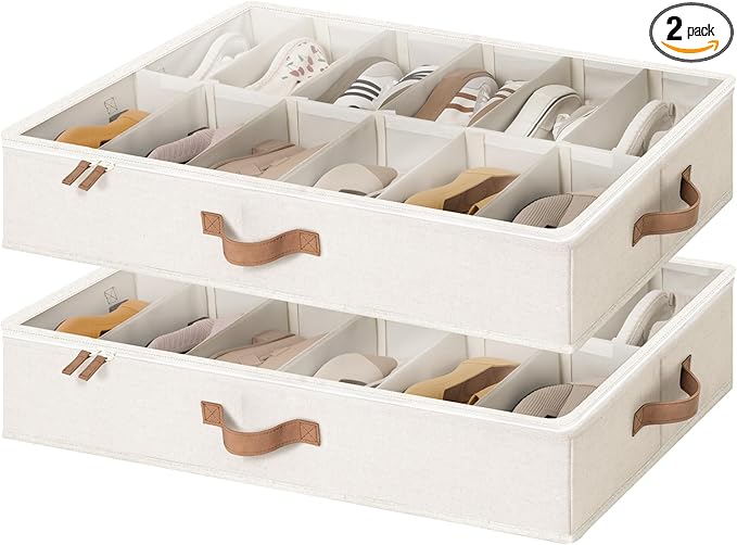 StorageWorks Underbed Shoe Storage Organizer for Closet, 2-Pack Under Bed Shoe Organizer with Bottom Support and Adjustable Dividers, Fits up to 24 Pairs, Beige