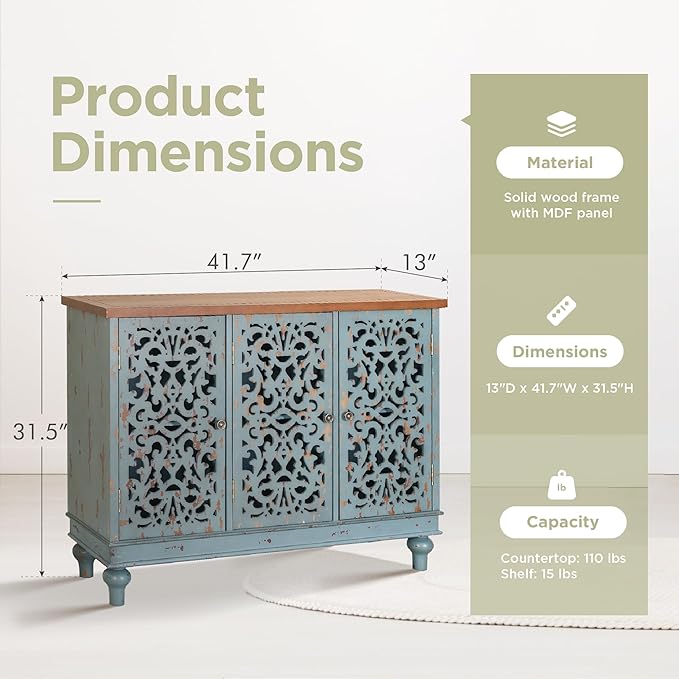 Sophia & William Sideboard Buffet Credenza Cabinet, 3-Door Hollow-Carved Accent Cabinet, Distressed Sideboard Storage Cabinet with Wood Veneer for Kitchen, Living Room, Dining Room, Entryway, Blue | 3-Door, Hollow-Carved, Accent Cabinet, Distressed, St...