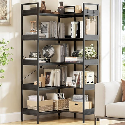 KOUSEI 5-Tier Corner Bookshelf, Reversible L-Shaped Bookcase with 4 Hooks, 65" Industrial Wood & Metal Storage Shelf for Living Room, Home Office & Bedroom, Black