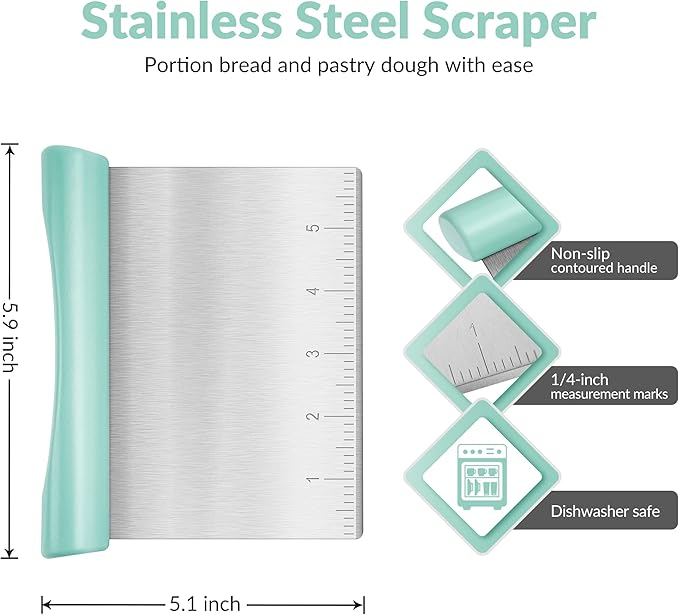 Upgraded 304 Stainless Steel Multi-Purpose Bench Scraper with Measurement Marks, Dishwasher Safe, Dough Cutter for Pizza, Bread and Cookie Dough Vegetable Chopper, Baking Supplies, Mint Green