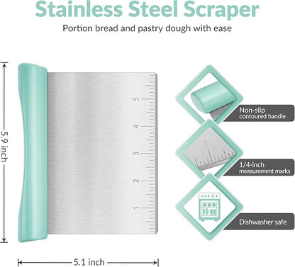 Upgraded 304 Stainless Steel Multi-Purpose Bench Scraper with Measurement Marks, Dishwasher Safe, Dough Cutter for Pizza, Bread and Cookie Dough Vegetable Chopper, Baking Supplies, Mint Green
