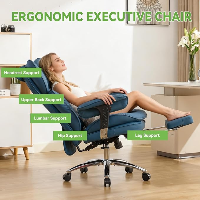 Efomao Big & Tall Executive Office Chair with Footrest - 400lbs Heavy Duty High Back PU Leather Desk Chair, Modern Ergonomic Reclining Computer Chair, Blue