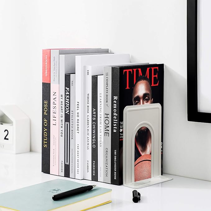 HappyHapi Book Ends, Non-Skid Metal Bookend Supports for Shelves, Heavy Duty Book End, Office Book Stopper, 6 x 5 x 6 Inches, 14 Pieces / 7 Pairs (White)