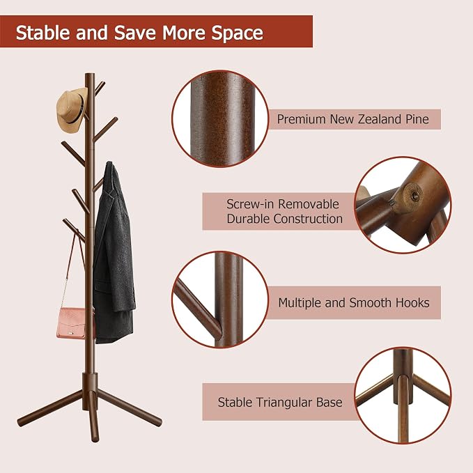 Coat Rack, Coat Racks Freestanding with 8 Hooks 3 Adjustable Heights for Clothes, Hats, Handbags, Coat Tree Easy Assembly for Entryway, Bedroom, Hallway, Office(Brown 2PCS)