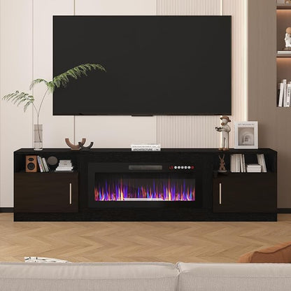 LEMBERI 80 Inch Fireplace TV Stand for TVs up to 90", 36" Electric Fireplace Entertainment Center with 20-Color LED, 300lbs Max Capacity Modern Wood Media Console Cabinet, Black
