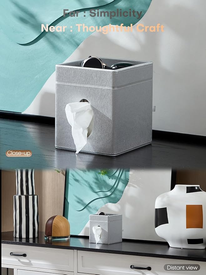Cloudever Tissue Box Holder Cover, Modern PU Leather Square Decorative Tissue Holder Organizer-Woven New Off White