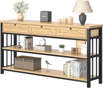 HSH Sofa Table with Storage, 55” Wood Entryway Table with 3 Drawers, 3 Tier Console Table Behind Couch for Living Room, Farmhouse Wooden and Metal Entry Hallway Table for Entrance, Oak, 55 in
