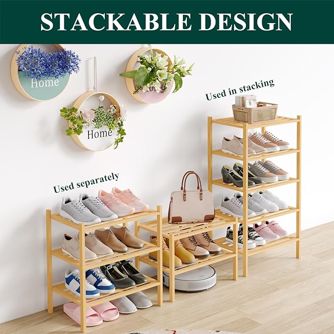 Smiry Small Bamboo Shoe Rack 4-Tier, Stackable Wooden Shoe Organizer for Entryway & Closet, Free Standing Wood Shoe Storage Shelf for Front Door & Small Spaces, Natural