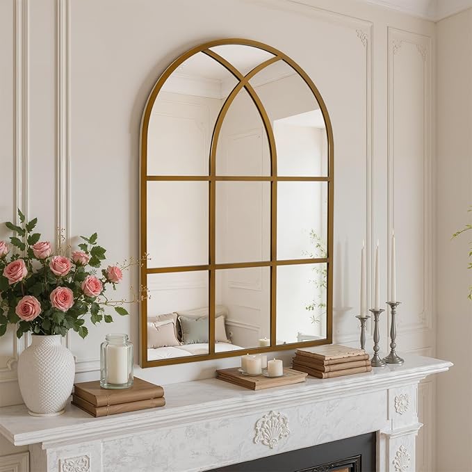 Arched Window pane Wall Mirror 24"x36", Window Shaped Farmhouse Style with Aluminum Frame, Decorative Wall Mirror Leaning Hanging for Living Room, Courtyard, Bedroom, Entryway, Bronze