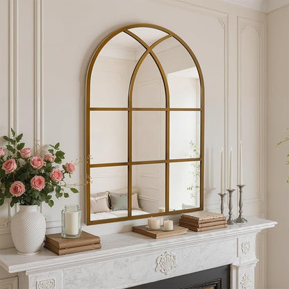 Arched Window pane Wall Mirror 24"x36", Window Shaped Farmhouse Style with Aluminum Frame, Decorative Wall Mirror Leaning Hanging for Living Room, Courtyard, Bedroom, Entryway, Bronze
