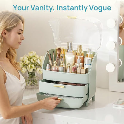 Vtopmart 3-Tier Skincare Makeup Organizer with Drawers and Lid for Vanity and Bathroom Countertop, Large Cosmetic Storage Box Case for Dresser, with Non-Slip Base, Green
