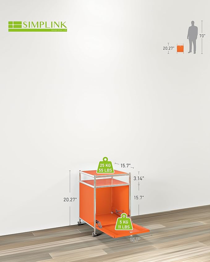 Simplink Elegant Matte Storage Cart with 22.8" Height - Perfect Side Table, Night Stand - Large Capacity with Flap Door, Detachable Wheels - Ideal for Home, Office, Bedroom, Kitchen (Orange)