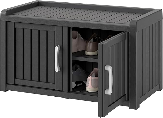 NUNU LAB Shoe Cabinet, Waterproof UV-Resistant Shoe Storage Cabinet with Adjustable Shelves, Entryway Shoe Organizer Bench with 2 Barn Doors for Foyer, Hallway, Living Room, Black
